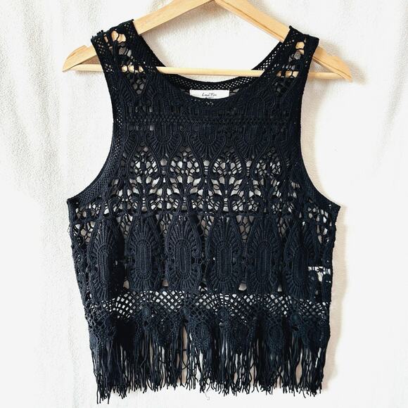 Love Tree Los Angeles crochet fishnet fringe black bohemian 80's western top Lg - Picture 1 of 12